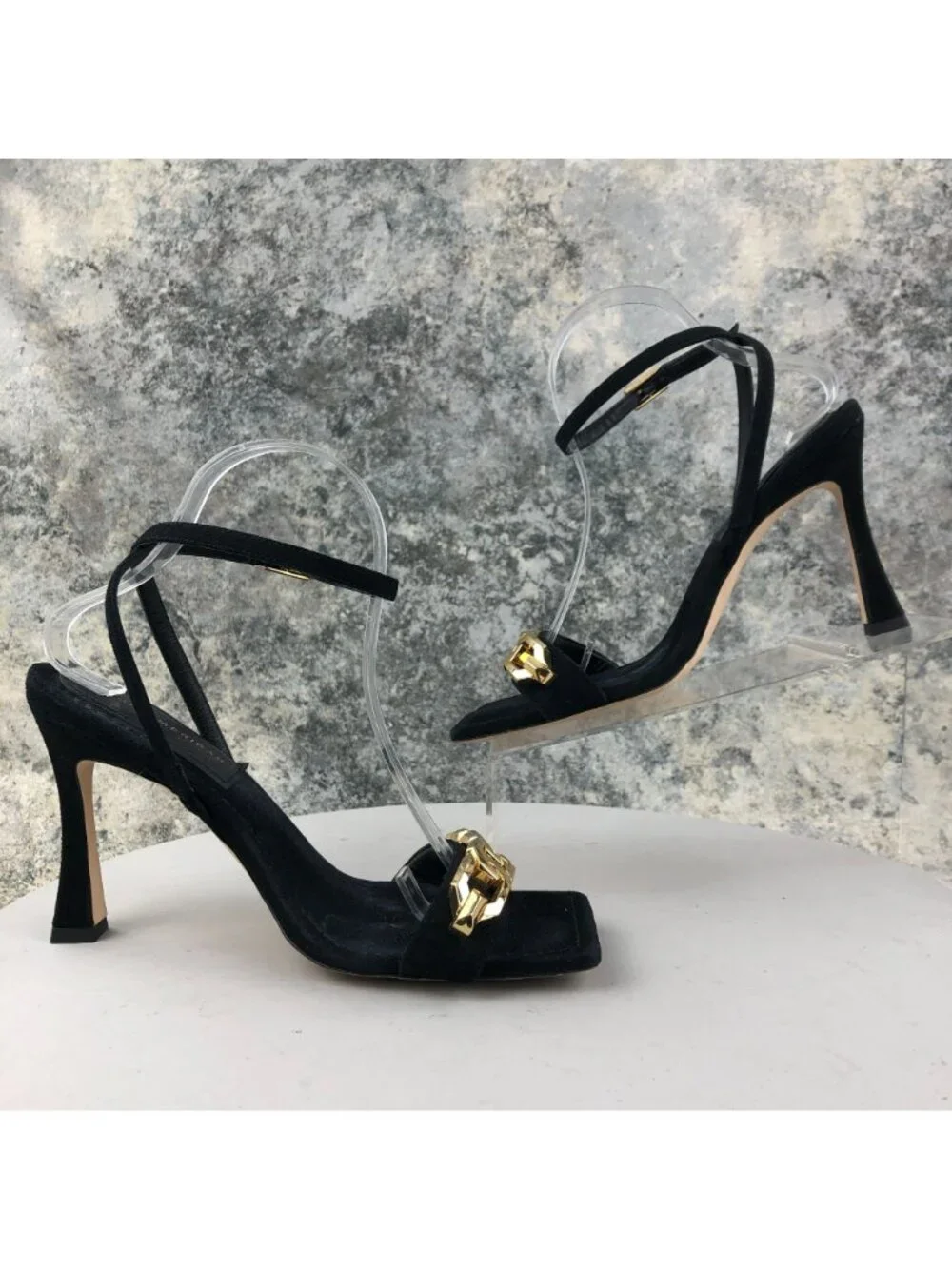 Good American Women' Size 9 Black Gold Chain Ankle Strap High Heel Sandals SPAIN